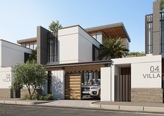 an artist's rendering of a modern house with cars parked in the driveway and palm trees