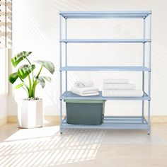 a blue shelf with towels and a potted plant