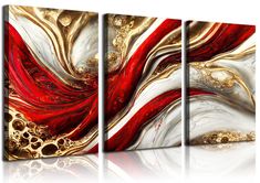 three red, white and gold abstract paintings