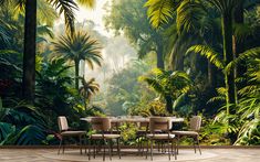 a dining table surrounded by chairs in front of a forest wall mural