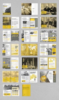 a bunch of brochures with yellow and gray designs on them, all stacked together