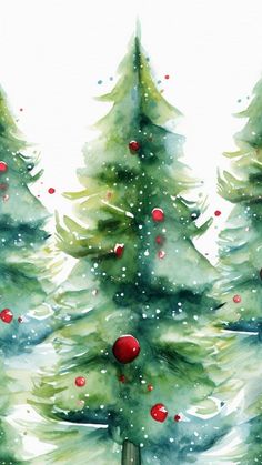 watercolor painting of christmas trees with red balls on them