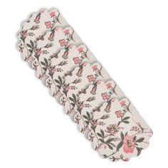 six pieces of fabric with pink flowers on white and brown background, one is folded in half