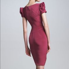 Retailed On Neiman Marcus For 1450 Dollars! Sold Out. With A Masterful Understanding Of The Female Form, Zac Posen Presents A Dress That Will Flatter Your Figure And Give Your Evening Looks A Sultry Spin. Rose Crepe. Scoop Neckline. Peaked Shoulders; Short Sleeves. Pleated Set-In Waist Shapes Hourglass Silhouette. Fitted Silhouette. Hem Hits At Knee. Silk/Spandex. Made In Usa. Fitted Silk Office Dress, Fitted Silk Dress For Office, Fitted Silk Sheath Dress, Fitted Silk Midi Mini Dress, Fitted Silk Mini Dress Midi Length, Fitted Silk Midi Length Mini Dress, Fitted Evening Dress With Structured Shoulders, Fitted Ruched Silk Midi Dress, Ruched Fitted Silk Dress