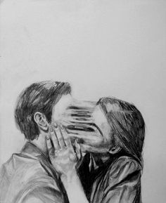 a drawing of two people kissing each other with their faces covered by hands and fingers