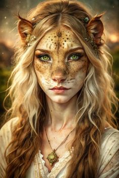 a woman with long hair and green eyes is dressed up as a cat's head