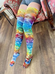 Gorgeous hand tied & ice dyed thigh high socks  Rainbow pattern  Ideal for all seasons, great to layer over leggings or under a skirt in winter, with shorts or mini skirt in summer Cotton Blend (89% Cotton / 9% Nylon / 2% spandex  Thigh length (from ankle to the top) - approximate leg length is 26" (66 cm), stretches approx 19-20" in width at thigh Made in: UNITED STATES (USA) Spring One-size Knee-high Socks, Trendy Fitted Multicolor Legwear, Stretch Multicolor Knee-high Socks, Multicolor Stretch Knee-high Socks, Multicolor Stretch Thigh High Stockings, Multicolor Stretch Thigh-high Stockings, Fitted Multicolor Thigh High Tights, Fitted Multicolor Thigh-high Tights, Stretch Leg Warmers For Festivals