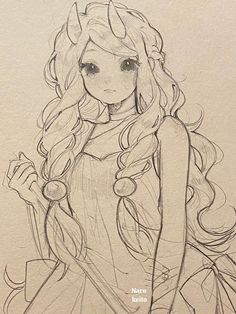 a pencil drawing of a girl with long hair wearing a dress and holding a cane