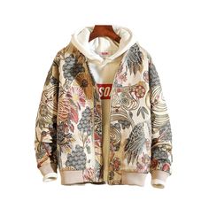 Upgrade your casual wardrobe with our Beige Floral Bomber Jacket. Crafted from high-quality fabric, this jacket offers the perfect balance of style and comfort. The beige hue adds a touch of sophistication to the classic bomber jacket design, making it an ideal choice for everyday wear *Jacket runs small so order two sizes up and make sure you check the size chart before ordering! Key Characteristics: Material is Cotton and Polyester Collar: Turn down collar Closure Type: Zipper Shipping: Guaran Embroidered Coat, Fashion Stand, Stand Collar Jackets, Streetwear Men, Collared Coat, Hip Hop Streetwear, Embroidered Jacket, Jacket Design, Mens Streetwear