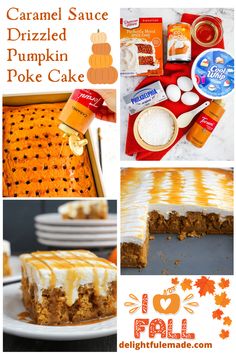 pumpkin poke cake with caramel sauce and cream cheese frosting on top is shown