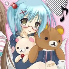 a girl with blue hair and glasses holding two teddy bears in front of her face