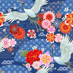 two white birds with red and pink flowers on a blue background, in the style of traditional japanese painting