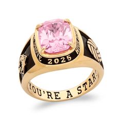 Tell your own story with the personalized and engravable details of this cushion-cut simulated gemstone class ring. Created in your choice of metal This design glistens with the 10.0 x 8.0mm cushion-cut simulated birthstone you select at the center. Customize the frame with your personal stats like school name and graduation date - up to seven characters each along the top and bottom, and up to eight characters each along the left and right sides. Further personalize the look with two icons of y Cushion Cut Jewelry With Accent Stones For Promise, Cushion Cut Jewelry With Polished Finish For Anniversary, Sports Clubs, Personalized Rings, Cushion Cut, Left And Right, Personalized Jewelry, Or Rose, Class Ring