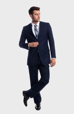 Tasteful and sophisticated, this modern navy blue men's suit features ingenious sweat guards to help you stay composed, plus super-functional interior pockets. This classic business suit for men can be worn all year round and showcases understated elegance with all the hallmarks of refined Italian suit design. Details: Includes: Suit Jacket, and Pants JACKET: Full Lined, 2 Button closure, Notch Lapel. Side Vents PANTS: Flat Front Tapered, 37 Inch Inseam, unhemmed. Lined to the knee Fit: Modern f Black And Red Suit, Olive Green Suit, Khaki Suits, Black Pinstripe Suit, Grey Pinstripe Suit, Homecoming Suits, Sharkskin Suit, Grey Overcoat, Modern Fit Suit