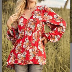 Add A Touch Of Romance To Your Closet With This Floral Tunic. Empire Waist, Bell Sleeves. Size Small - 29” From High Point Of Shoulder To Hem. Model Wearing Size Small. 5’8”, 34” Chest, 25” Waist, 37” Hips. 100% Rayon. No Holds Or Trades. Discount On Bundles. Same Day Or Next Day Shipping. Free Gift With Each Order! Red Bohemian Blouse For Brunch, Red Floral Print Blouse For Brunch, Floral Balloons, Floral Tunic, High Point, Womens Tunics, Sewing Inspiration, Red Floral, Empire Waist