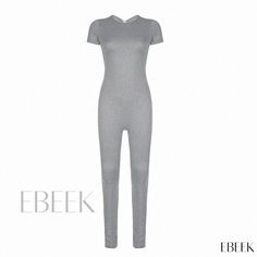 Leisure Sports Solid Color Round Neck Slim Fit Short Sleeve Jumpsuit Gray Fitted V-neck Jumpsuits And Rompers, Casual Fitted Unitard For Summer, Fitted Casual Unitard For Summer, Stretch Solid Color Jumpsuits And Rompers For Leisure, Solid Sporty Unitard For Summer, Sporty Solid Color Summer Unitard, Casual Stretch Unitard For Summer, Summer Sporty Unitard, Gray Short Sleeve Summer Bodysuit