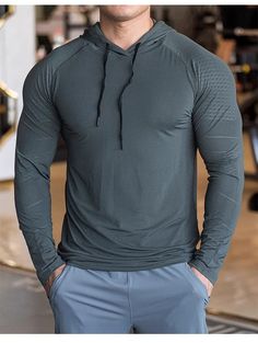 Long Sleeves Hooded Men's Breathable Fitness T Shirt - Men's Fitness Apparel, Men's Sports & Fitness T Shirts | Vivinch Gray Hoodie Sportswear Top, Green Moisture-wicking Hooded Top, Gray Hoodie For Gym, Gray Workout Hoodie Top, Gray Moisture-wicking Hoodie For Gym, Stretch Gym Hoodie Top, Hooded Sportswear Tops For Training, Functional Sports Hoodie Tops, Green Sports Hoodie Top