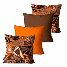 four pillows with different designs on them in various shapes and sizes, one orange the other brown