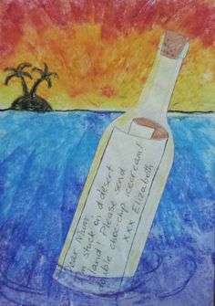 a drawing of a bottle with writing on it sitting in the water next to a palm tree