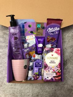 a purple box filled with lots of different items