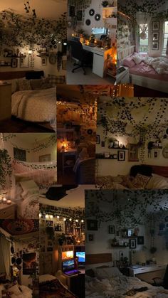 a collage of photos showing the inside of a bedroom with plants growing on the walls