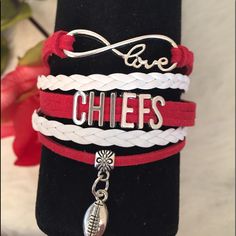 Infinity Love Chiefs Football Player Bracelet Bangles Handmade Leather Braid Charm Kansas City Chiefs Clay Bead Bracelet, Kc Chiefs Bracelets, Kansas City Chiefs Friendship Bracelet, Chiefs Bracelet, Adjustable White Infinity Jewelry, Nfl Bracelets, Infinity Love, Sports Jewelry, Handmade Bangles