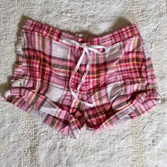 These Pink Plaid Shorts From Vs Pink Are Cute To Sleep In Or Just Lounge Around! 16" Waist (Laid Flat), 11" Length Elasticized Waist And Self-Tie Brand New, Never Worn Beach Season Lounging Bottoms In Short, Pink Shorts For Summer Lounging, Short Length Beach Bottoms For Lounging, Beachwear Shorts For Lounging During Beach Season, Beach Season Lounging Shorts, Plaid Pajama Shorts, Pajamas Shorts, Plaid Pajama, Plaid Pajamas