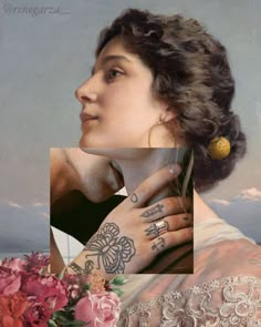 a painting of a woman with tattoos on her arm and hand next to pink flowers