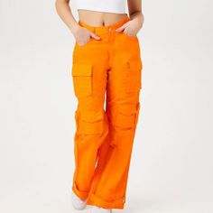 High Rise Utility Cargo Pants - Wide Leg - Flap Pockets - New, Never Worn, Just Took The Tags Off Before Trying On - Neon Orange - Size Xs Orange Cotton Cargo Bottoms, Cotton Cargo Bottoms In Orange, Baggy Orange Cotton Pants, Casual Full-length Orange Pants, Casual Orange Full Length Pants, Casual Full Length Orange Pants, Orange Straight Leg Bottoms With Pockets, Baggy Orange Trousers, Orange Trousers With Pockets