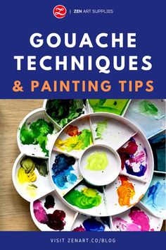 the cover of gouache techniques and painting tips, with an image of paint in bowls