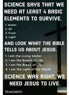 a cross with the words science says that we need at least 4 basic elements to survive