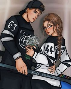 an image of a couple in hockey uniforms holding flowers and looking at each other with love