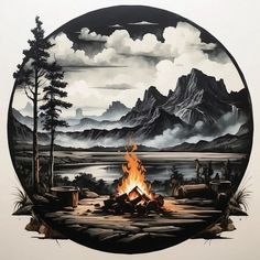 a painting of a campfire with mountains in the background