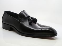 Style: 503-47-Black Elegant Burnished Calfskin slip-on Tasseled Loafer from the Carrucci collection features Decorative Perforations with a Toe Medallion and a clean welt! Business Slip-on Oxfords With Tassels, Business Wingtip Dress Shoes With Tassels, Elegant Leather Shoes With Tassels And Round Toe, Business Slip-on Loafers With Tassels, Formal Wingtip Leather Shoes With Tassels, Classic Leather Business Shoes With Tassels, Formal Wingtip Oxfords With Tassels, Formal Slip-on Oxfords With Tassels, Classic Formal Leather Shoes With Tassels