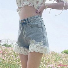 Qteee - Exquisite Butterfly Lace Stitch High-Waist Denim Shorts Non-stretch Cotton High-waisted Shorts, High-rise Stretch Shorts For Spring, High Rise Stretch Shorts For Spring, Spring Fitted Jean Shorts With Pockets, Fitted Jean Shorts With Pockets For Spring, Spring Stretch Straight Leg Jean Shorts, Spring Mid-rise Stretch Shorts, Spring High Waist Stretch Jean Shorts, Spring Non-stretch Short Pants