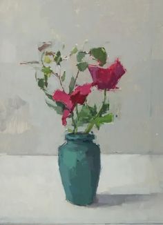 a painting of flowers in a blue vase