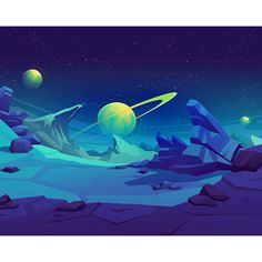 an alien landscape with mountains and planets in the sky