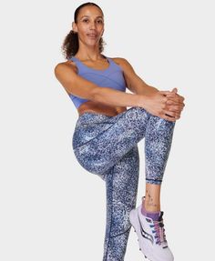 Multi-sport gym leggings designed for every workout. Super stretchy fabric with flattering seams to sculpt the bum. Sweat-wicking and quick-drying for all sports. Side pocket and back zip pocket. Internal adjustable drawcord. Inseam length: 60cm / 24”. Model wears size S and is 178cm/5'10" tall. Style Code: SB5400A 78Colour: Blue Speckle Print Breathable Elastane Running Leggings, Breathable Elastane Leggings For Running, Go-dry Sportswear Leggings For Pilates, Sporty Activewear For Pilates With Contoured Waistband, Athletic Fit Activewear For Yoga With Contoured Waistband, Athletic Fit Leggings For Yoga With Light Support, Athletic Fit Leggings With Light Support, Yoga Activewear With Contoured Waistband And Athletic Fit, Go-dry Elastane Sports Bra For Pilates