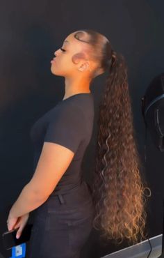 Slick Back Ponytail Curly Hair Weave, Cute Wavy Ponytails, Slick Back Mid Ponytail, Swoop Hairstyles Ponytail, Low Wavy Ponytail Black Women, Low Ponytails With Weave, Mid Slick Ponytail, Brown Ponytail Black Women, Mid Sleek Ponytail