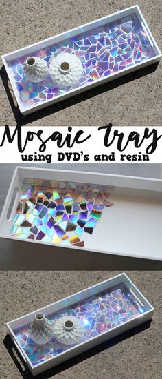 two trays with different designs on them and the words mosaic tray using dvd's and resin