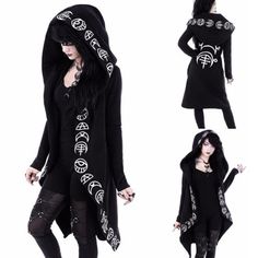 Style: Street Pattern: Printing Style2: Cardigan Style: Loose Sleeve Length: Long Sleeve Sleeve Style: Regular Sleeve Neckline: Hooded/Hat Collar Fashion Element: Printing Pattern Type: Printing/Printing and Dyeing Material: Cotton Blend Color: Black Style Type: Street Hipster Hoodie Halloween Costumes, Punk Hoodie, Costume Noir, Ford Ecosport, Plus Size Vintage, Gothic Punk, Sweatshirt Women, Moon Print