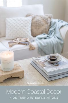 the modern coastal decor on trend interpretations is displayed in front of a white couch