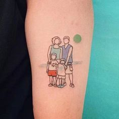 a woman's arm with a drawing of two people and a child on it