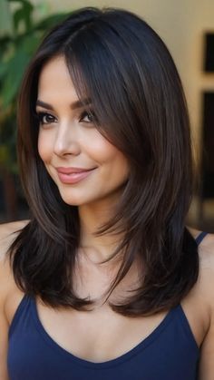 Mid Length Hair With Layers Blowout, Mid Hair Length With Bangs, Mid Length Hairstyle Women Fine Hair, Straight Layered Bob Haircut, Short Hair Thick Straight, Pretty Haircuts Medium Straight Hair, Soft Layers With Wispy Bangs, Medium Length Haircut Round Face For Women, Hair Lengths Mid Length