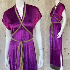 Vintage Orchid Velvet Greek Goddess Disco Dress Maxi Length, S/M. A Fairly Simple Construction On This Handmade Dress Circa 70’s That Just Positively Soars In Its Details. Slinky, Sleek, And Ultra Soft Purple Velvet Fabric That Drapes Beautifully And Catches The Light Like A Dream. Metallic Gold Ribbon That Has Really Unusual Gold Foil Woven Details. The Ribbon Itself Is Probably About 20 Feet Long And Could Wrap Your Body In All Kinds Of Ways If You Felt Like Getting Creative With It. Some Discoloration In The Bodice As Can Be Seen In Photos, However In My Opinion This Just Makes The Fabric Look Even More Interesting. Otherwise In Excellent Condition. Bust 36”, Waist 34”, Hips 44 Greek Fashion Modern, Disco Dresses, Purple Velvet Fabric, Fantasy Outfits, Disco Dress, Handmade Dress, Greek Fashion, Gold Ribbon, Soft Purple