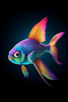 a colorful fish on a black background with blue and pink colors in it's body