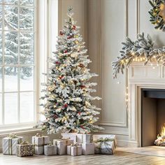 a decorated christmas tree sitting in front of a fire place with presents on the floor