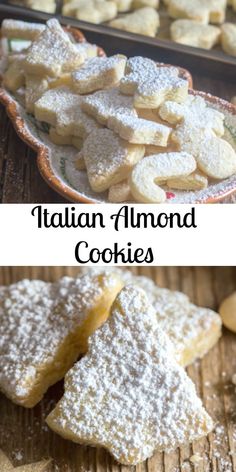 italian almond cookies with powdered sugar in the shape of stars on a wooden table