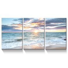 three panels of the ocean with waves coming in to shore and sunset on the horizon