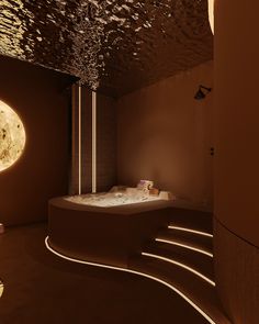 the interior of a spa room with lights shining on the walls and below it is a circular bath tub